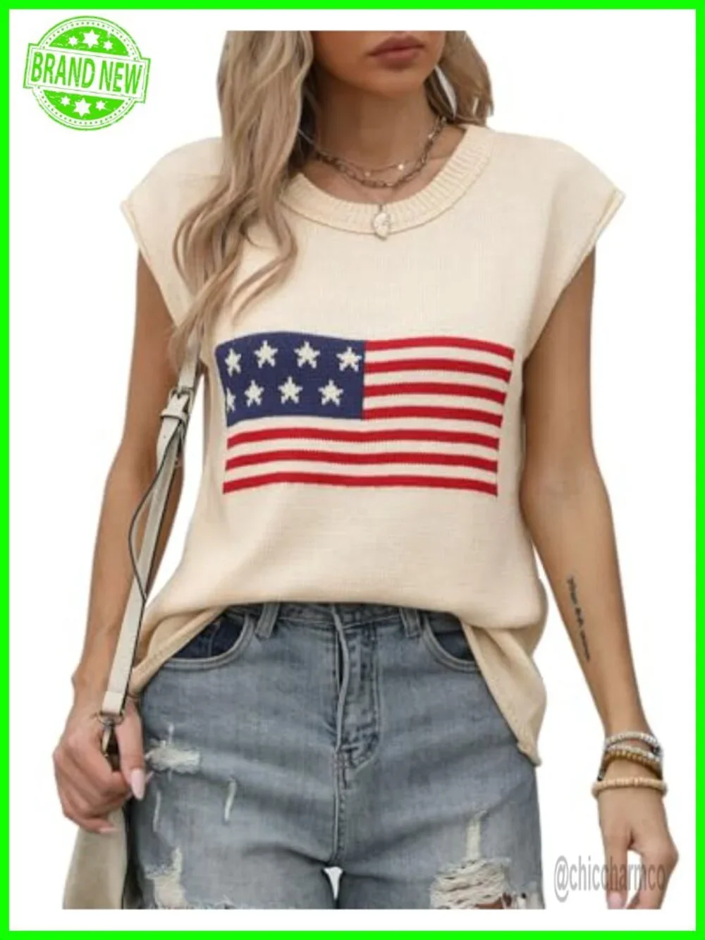Cap Sleeve Sweater Vest Casual Tank Top Summer Patriotic Knit Pullover